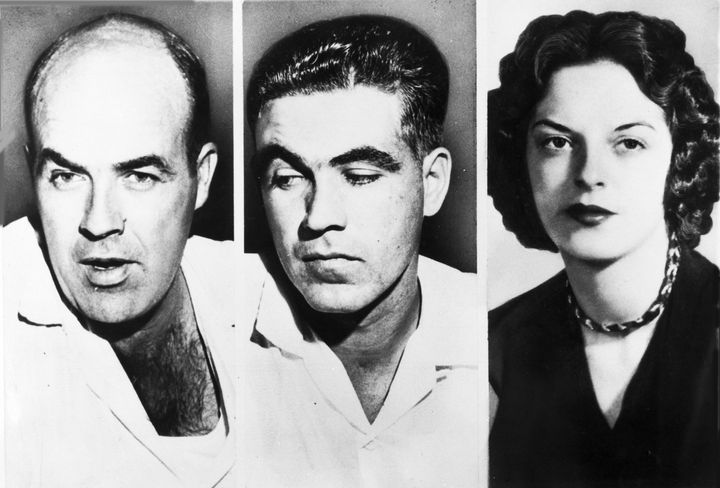 This file combo photo shows John W. Milam, 35, left, and his half-brother Roy Bryant, 24, center, who were charged and later acquitted in the murder of 14-year-old Emmett Till. Bryant's wife Carolyn, is seen on the right. (AP Photo, File)