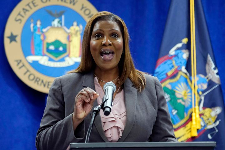 FILE — New York Attorney General Letitia James addresses a news conference at her office in May 2021. The investigation, led by James, is looking into the former president's business practices.