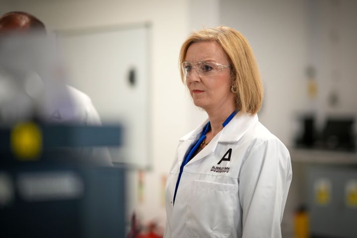 Liz Truss speaks to scientists during a campaign visit to a life sciences laboratory at Alderley Park, Alderley Edge.