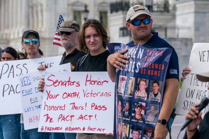 Veterans, military family members and advocates demonstrate at the Capitol in Washington, on Aug. 1, 2021. President Joe Biden is set to sign into law a bill that aims to help military veterans exposed to toxic burn pits. The signing on Aug. 10 will culminate an effort that began with the vets themselves and their harrowing stories.