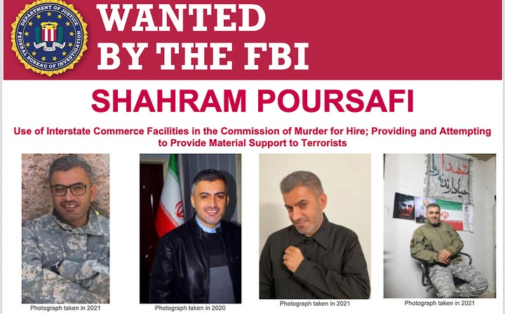 This image released by the FBI, Aug. 10, 2022 in Washington, shows the wanted poster for Shahram Poursafi. (FBI via AP)