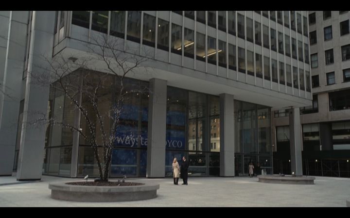 A screenshot from season 2 of "Succession" of the main entrance of 28 Liberty St. in lower Manhattan, which is used for exterior shots of Waystar Royco, the fictional media conglomerate at the center of the series.