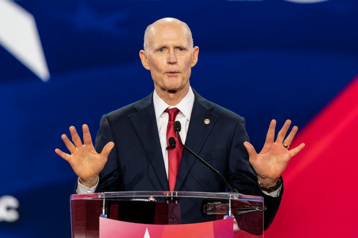 One of the few Republican officials to put forward a broad policy agenda in the last two years is Sen. Rick Scott (R-Fla.), shown here in a 2022 speech. But the content was so politically toxic that GOP leaders quickly distanced themselves from it.