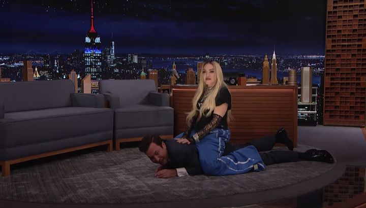 Madonna has some fun with Jimmy Fallon on the set of his talk show