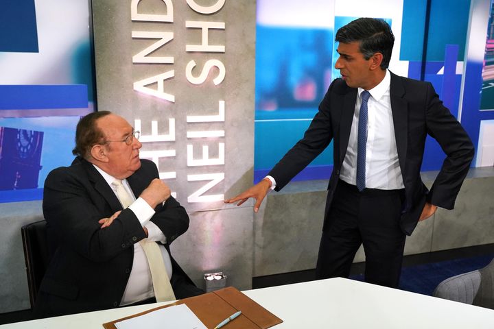 Andrew Neil (left) with Rishi Sunak before he appears on the Andrew Neil Show in London. Picture date: Thursday July 28, 2022.