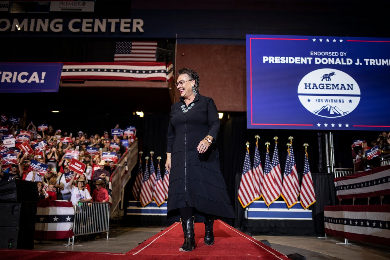 Republican U.S. House candidate Harriet Hageman walks on stage to introduce former President Donald Trump at a rally on May 28, 2022 in Casper, Wyoming. Trump endorsed Hageman in the race.