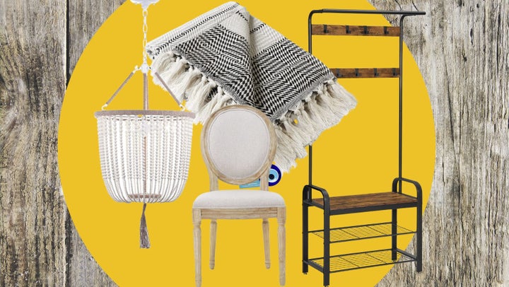 Your farmhouse staples include this beaded chandelier, a woven boho-style throw, this versatile entryway rack and an upholstered dining chair. 