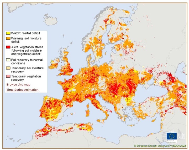 Mapa del Observatorio europeo de la sequía en agosto.