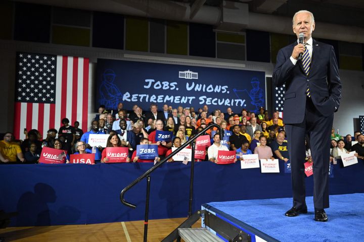President Joe Biden speaks about the economy on July 6 at Max S. Hayes High School in Cleveland.