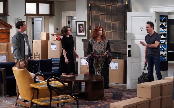 Sean Hayes as Jack McFarland, Megan Mullally as Karen Walker, Debra Messing as Grace Adler, Eric McCormack as Will Truman in "Will and Grace."