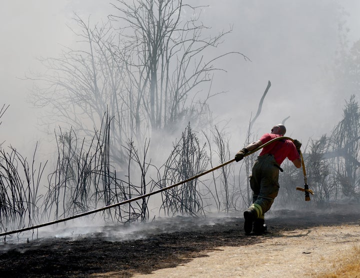 Firefighters battle a grass fire on Leyton flats in east London.