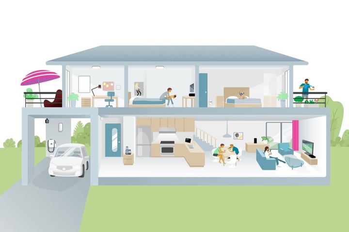 An illustration of a home with people using different devices in different rooms