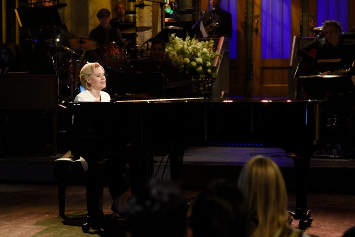 Kate McKinnon as Hillary Clinton sings Leonard Cohen's "Hallelujah" during the "Election Week Cold Open" sketch on Nov. 12, 2016.