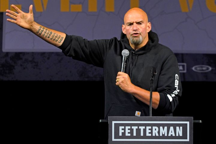 Pennsylvania Lt. Gov. John Fetterman, a Democratic nominee for U.S. Senate, speaks at a rally in Erie on Friday. It was his first major event after suffering a stroke in May.