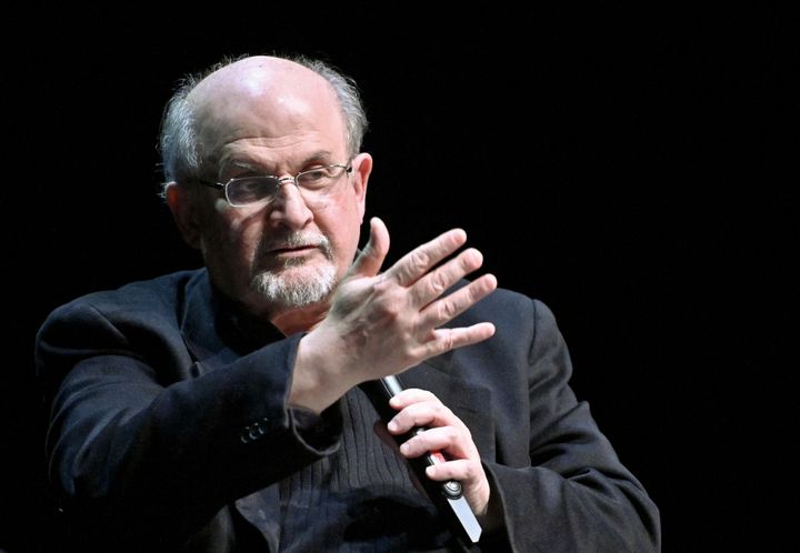 Author Salman Rushdie speaks as he presents his book "Quichotte" at the Volkstheater in Vienna, Austria, on November 16, 2019. (Photo by HERBERT NEUBAUER/APA/AFP via Getty Images)