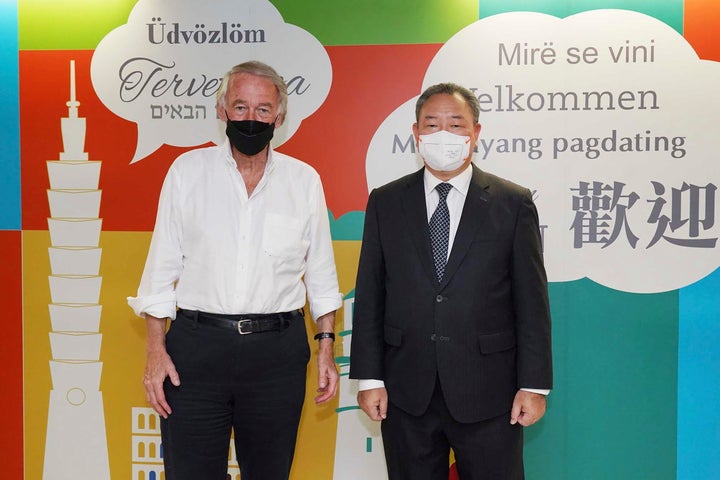 In this photo released by the Taiwan Ministry of Foreign Affairs, U.S. Democratic Sen. Ed Markey of Massachusetts at left, poses for photos with, Taiwan Ministry of Foreign Affairs Vice Minister Alexander Tah-ray Yui after arriving at Taoyuan international airport near Taipei, Taiwan on Sunday, Aug 14, 2022. Markey is leading a delegation of American lawmakers visiting Taiwan just 12 days after a visit by U.S. House Speaker Nancy Pelosi that angered China. (Taiwan Ministry of Foreign Affairs via AP)