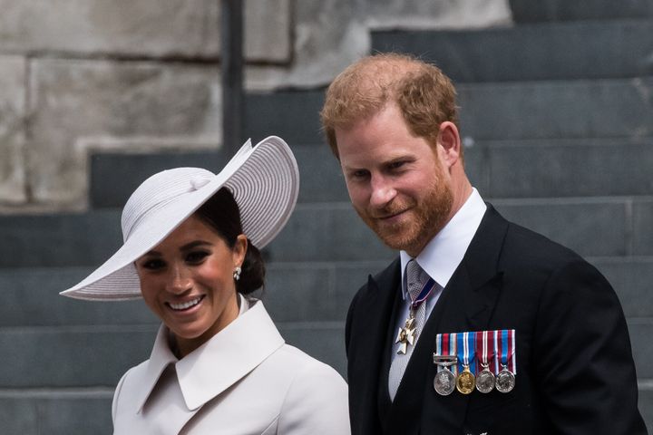 The Duke and Duchess of Sussex leave St Paul's Cathedral after attending the service of thanksgiving for the queen during the Platinum Jubilee celebrations on June 3.