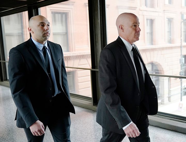 Former Minneapolis police officer J. Alexander Kueng, left, and his attorney Thomas Plunkett arrive for sentencing for violating George Floyd's civil rights outside the Federal Courthouse Wednesday, July 27, 2022 in St. Paul, Minn. (David Joles/Star Tribune via AP, File)