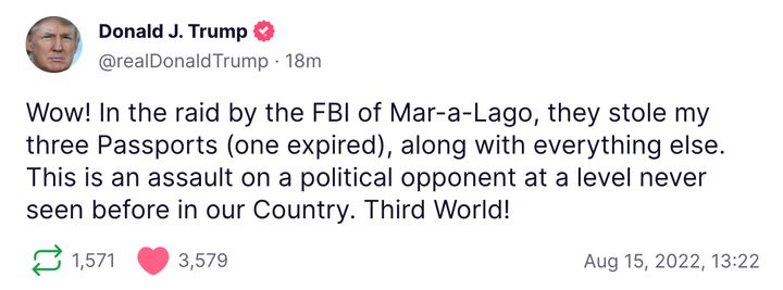 Former President Donald Trump said the FBI took his passports when it raided his Mar-a-Lago property.