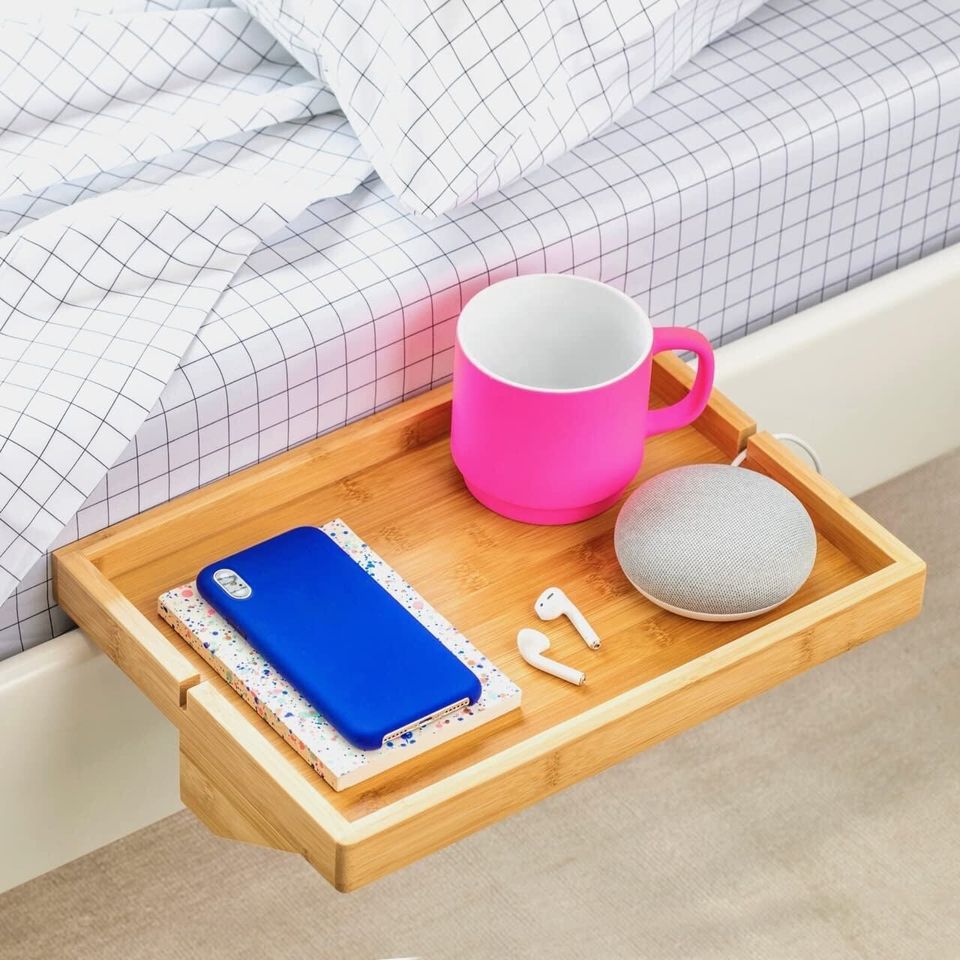 A BedShelfie made with a clamp designed to firmly attach to your bed