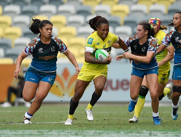 Ellia Green of Australia makes a break during the Oceania Sevens Challenge match between Australia and Oceania at Queensland Country Bank Stadium on June 27, 2021 in Townsville, Australia.