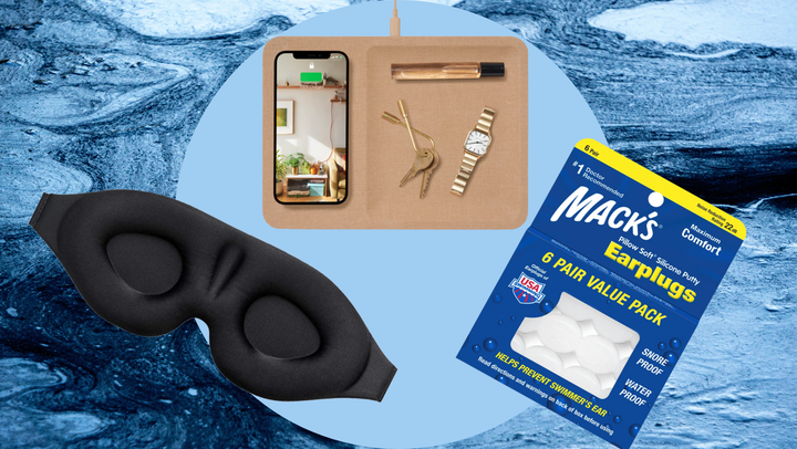 The Mzoo sleep eye mask, Courant Catch: 3 Essentials charging station and Mack's earplugs.