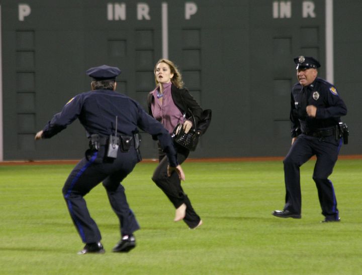 Barrymore filming a scene from "Fever Pitch" in Boston’s Fenway Park.