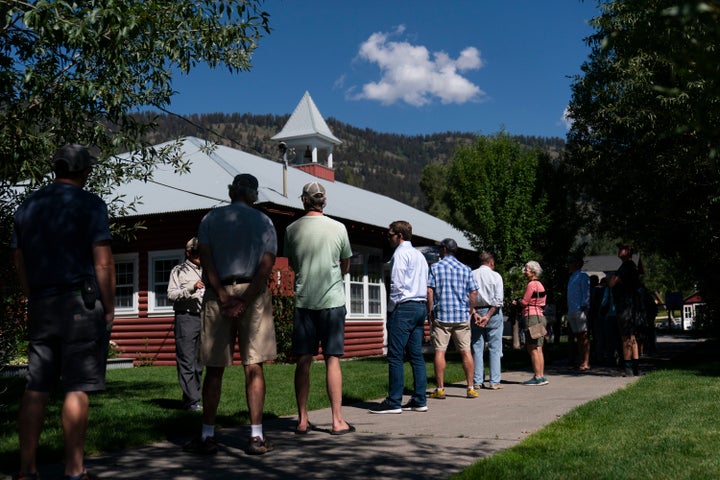 A long voting line in Wilson, Wyoming.