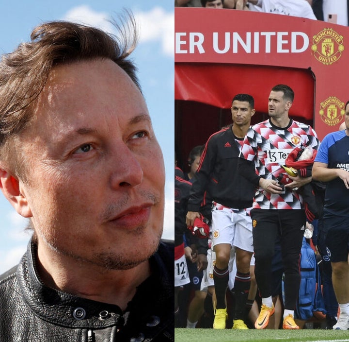 Elon Musk y Cristiano Ronaldo saliendo del túnel de vestuarios en Old Trafford.