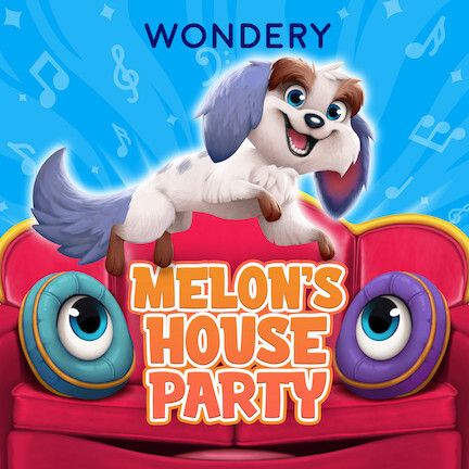 The podcast cover art, which shows a happy dog ​​jumping on a couch with a smiling face