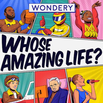 The podcast cover art, which has comic book-style illustrations of different famous people