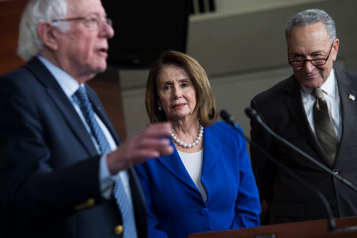 Sen. Bernie Sanders (I-Vt.) speaks about drug prices at a 2018 press conference, while House Democratic leader Nancy Pelosi (Calif.) and Senate Democratic leader Chuck Schumer (N.Y.) look on. It would be nearly three years before Democrats got control of Congress, but the work they did back while they were still in the minority laid the groundwork for the legislation they just passed.