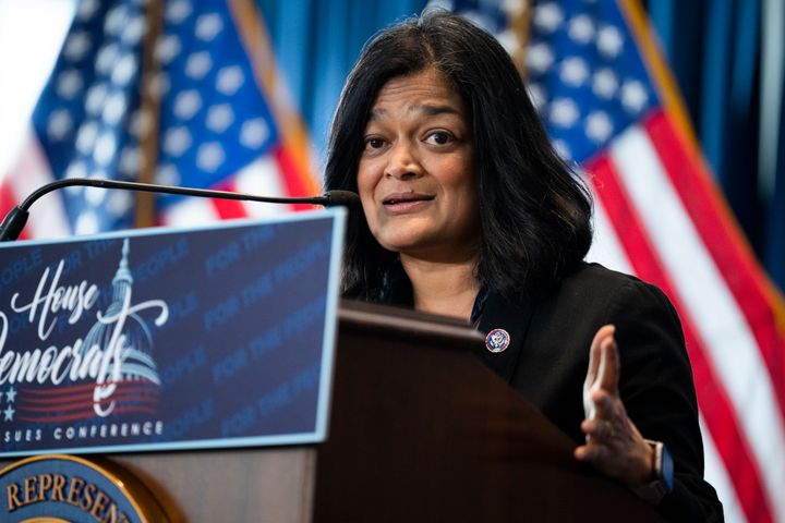 Rep. Pramila Jayapal (D-Wash.), speaking here at a March 2022 conference of the House Democratic Caucus, wasn't happy with compromises that went into a 2019 House bill — or additional concessions that went into the final law this year. Even so, she praised the bill as a major victory in the campaign for more affordable health care.