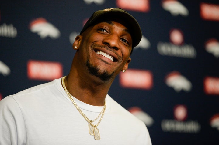 Aqib Talib speaking to the media in 2016 when he played for the Denver Broncos.