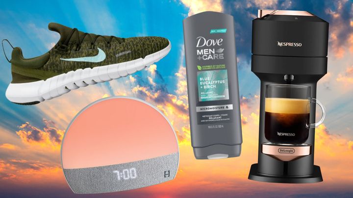 Nike running shoes from Dick's Sporting Goods, a Hatch alarm clock, Dove Men's body wash from Target and a Nespresso from Amazon.