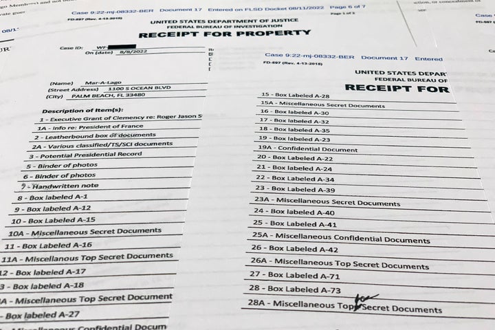 The receipt for property that was seized during the execution of a search warrant by the FBI at former President Donald Trump's Mar-a-Lago estate in Palm Beach, Fla., is photographed on Aug. 12, 2022.