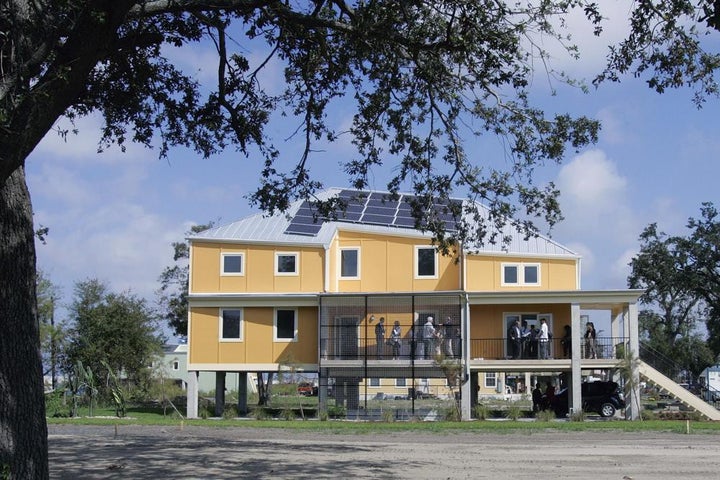 FILE - A home from actor Brad Pitt's Make It Right rebuilding project is seen in the Lower 9th Ward in New Orleans on Oct. 9, 2008. 