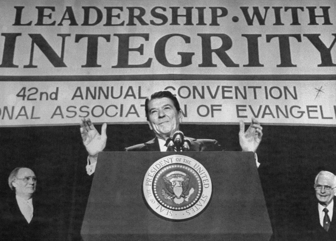 President Ronald Reagan speaks to the National Association of Evangelicals where he called for passage of amendments to outlaw abortion and make prayer a part of the school day for public school students.
