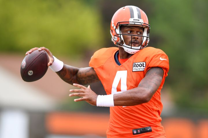 Deshaun Watson, pictured here at the Cleveland Browns' training camp in August 2022, was accused of sexual misconduct by two dozen women while he played for the Houston Texans.