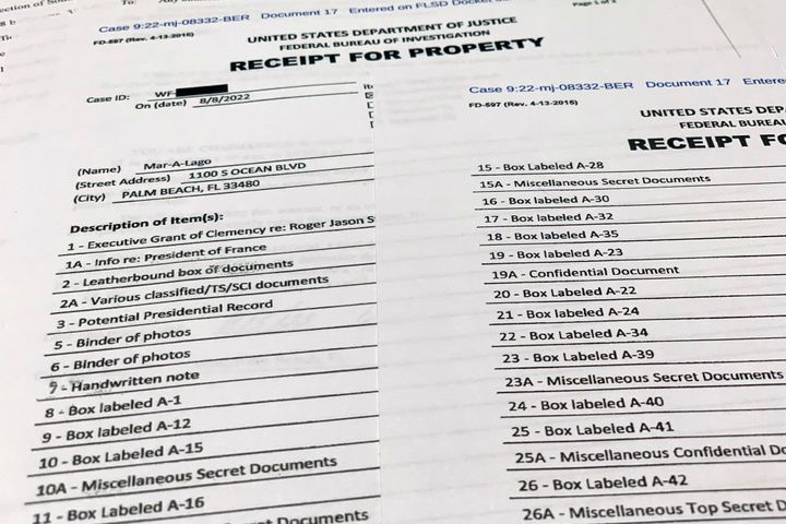 The receipt for property that was seized during the execution of a search warrant by the FBI at former President Donald Trump's Mar-a-Lago estate in Palm Beach, Florida, photographed Friday, Aug. 12.