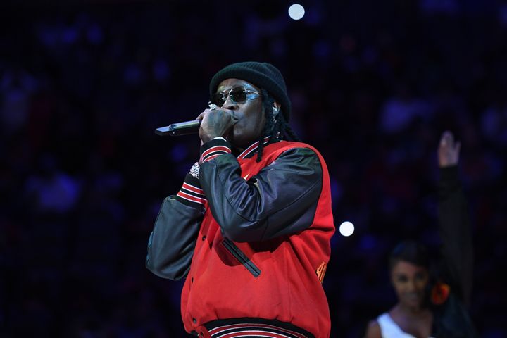 FILE: Rapper Young Thug, seen here performing at an Atlanta Hawks game in 2021, is one of nearly dozens of people charged in a 65-count indictment alleging he is the leader of a street gang. Mandatory Copyright Notice: Copyright 2021 NBAE