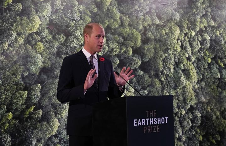 FILE - Prince William speaks during a meeting with Earthshot prize winners and finalists at the Glasgow Science Center on the sidelines of the COP26 U.N. Climate Summit in Glasgow, Scotland, Nov. 2, 2021. 