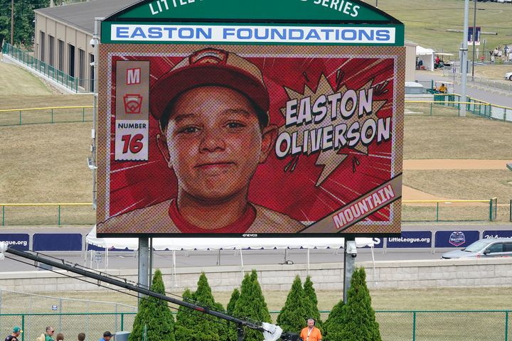 Easton Oliverson is pictured on the scoreboard of the Little League World Series during the opening ceremony.