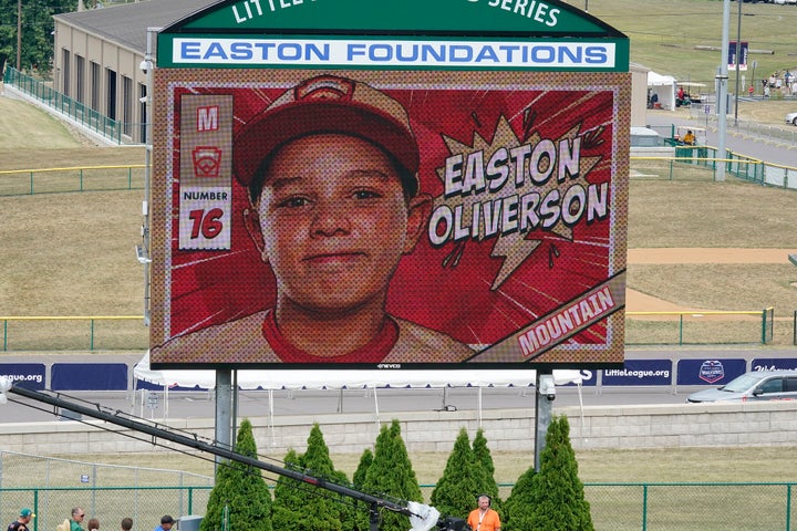 Easton Oliverson is pictured on the scoreboard of the Little League World Series during the opening ceremony.