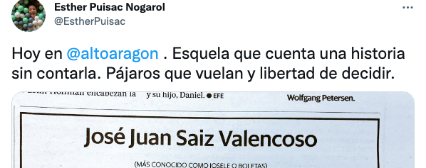 La esquela compartida por Esther Puisac.