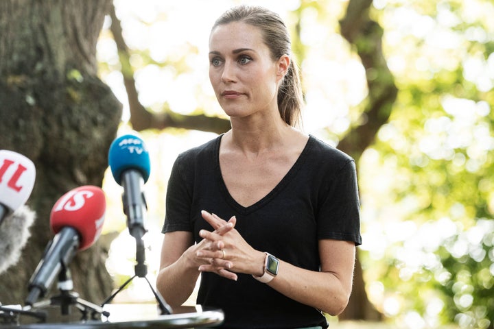 Finland Prime Minister Sanna Marin holds a press conference in Helsinki on Aug. 19.