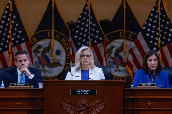 Jan. 6 committee members Rep. Adam Kinzinger (R-Ill.), Rep. Liz Cheney (R-Wyo.) and Rep. Elaine Luria (D-Va.) on Capitol Hill on July 21, 2022, in Washington, D.C.