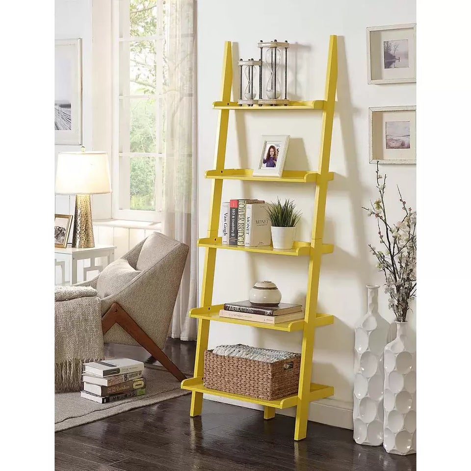 A colorful five-shelf ladder bookshelf