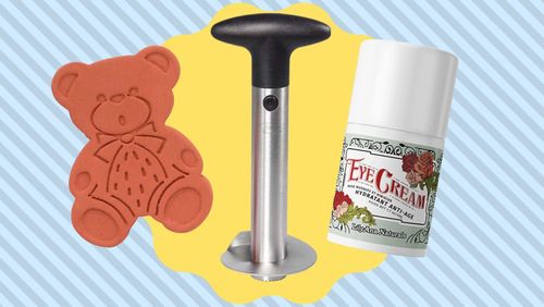 From left to right: A softening bear that prevents hard clumps in brown sugar, a pineapple corer and a popular de-puffing eye cream. 