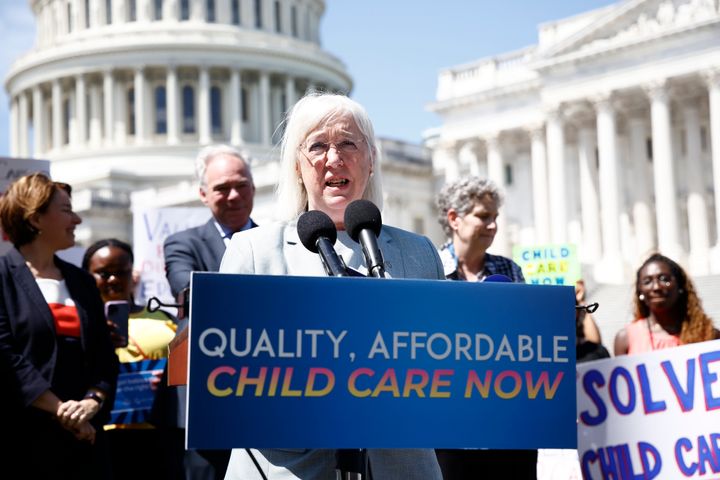 Sen. Patty Murray (D-Wash.) joins members of Congress and advocates to push for child care in budget reconciliation outside the U.S. Capitol on June 9, 2022, in Washington, D.C.